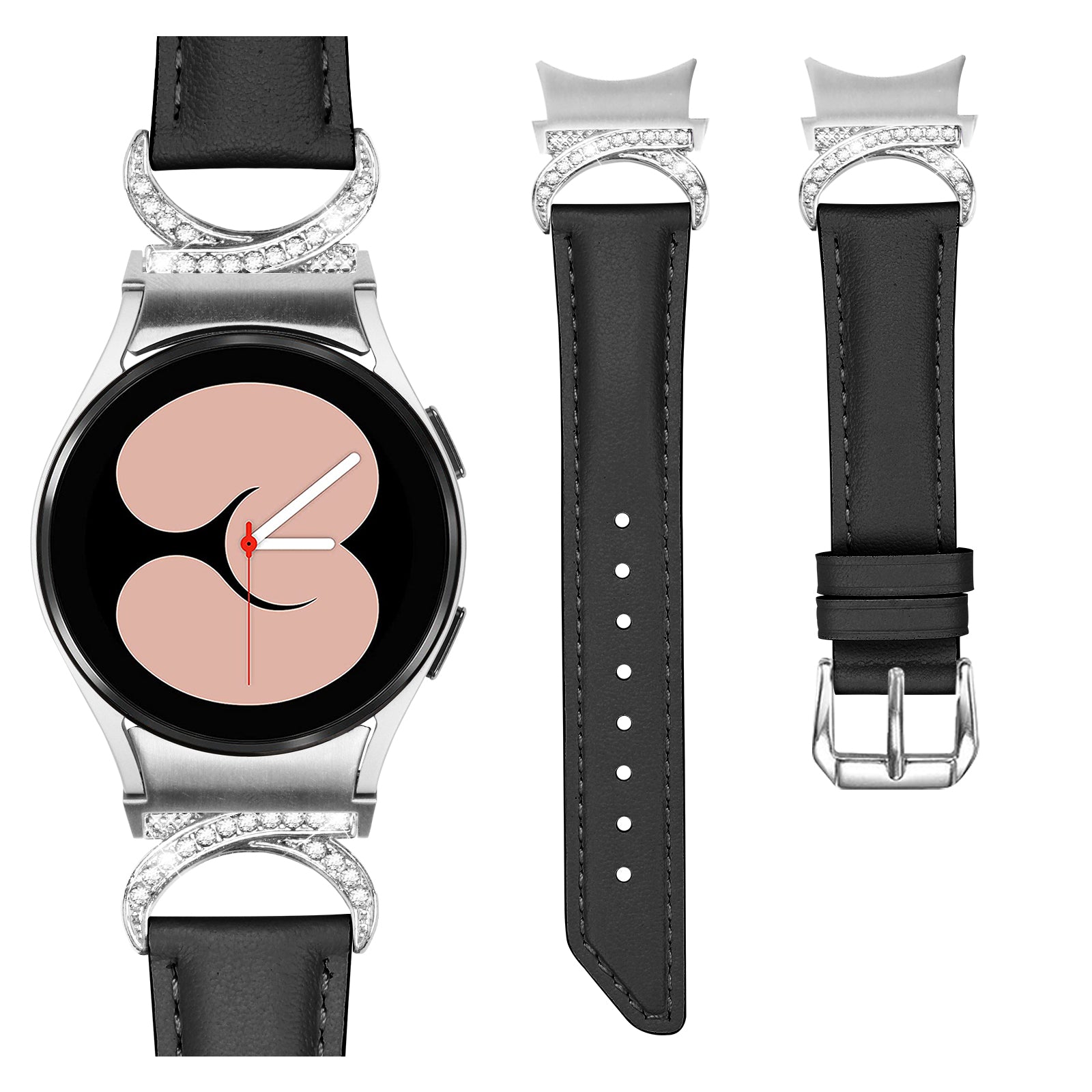 For Samsung Galaxy Watch6 40mm 44mm Watch6 Classic 43mm 47mm Watch 5 40mm 44mm Watch4 40mm 44mm Replacement Split Leather Strap Rhinestone D-shape Connector Wrist Band with Silver Buckle For Samsung Galaxy Watch6 40mm 44mm Watch6 Classic 43mm 47mm Watch 5 40mm 44mm Watch4 40mm 44mm Replacement Split Leather Strap Rhinestone D-shape Connector Wrist Band with Silver Buckle